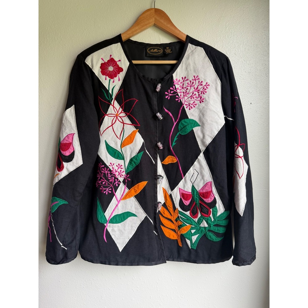 VTG Allure Embroidered Floral Butterfly Patchwork Jacket Women Md Lagenlook